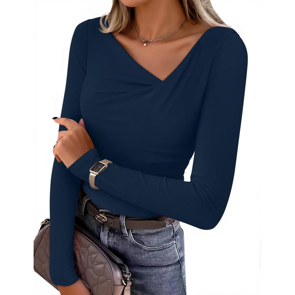 imageZESICA Womens Long Sleeve Asymmetrical Neck Ruched Slim Fit Shirts 2026 Fall Fashion Casual Tee Going Out TopsNavy
