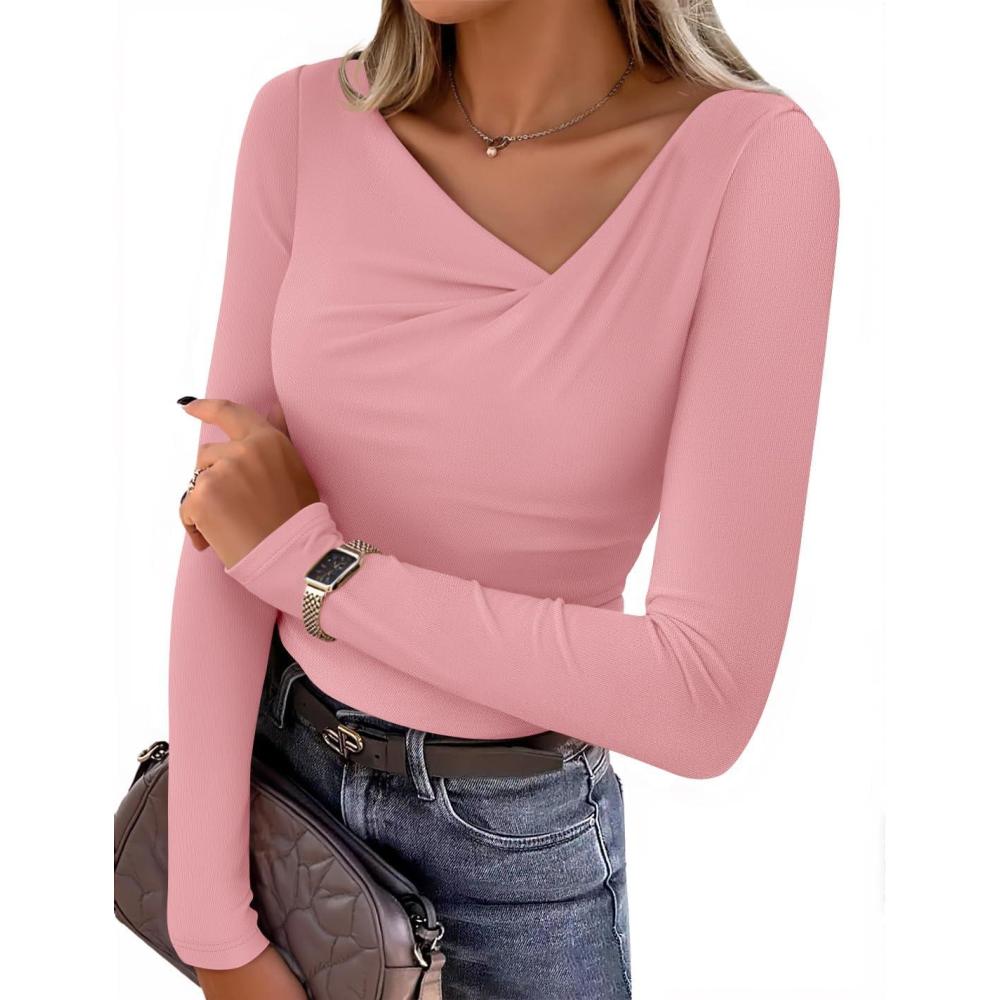 imageZESICA Womens Long Sleeve Asymmetrical Neck Ruched Slim Fit Shirts 2026 Fall Fashion Casual Tee Going Out TopsPink
