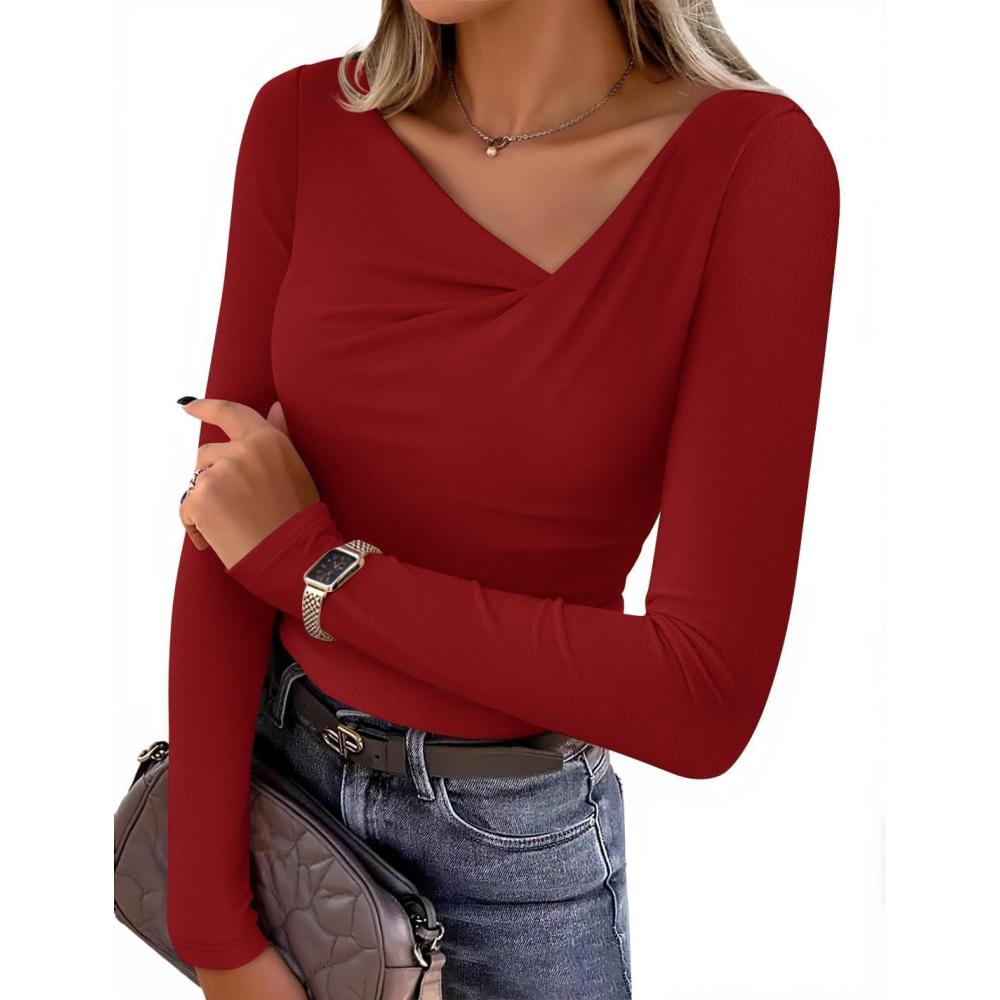 imageZESICA Womens Long Sleeve Asymmetrical Neck Ruched Slim Fit Shirts 2026 Fall Fashion Casual Tee Going Out TopsRed