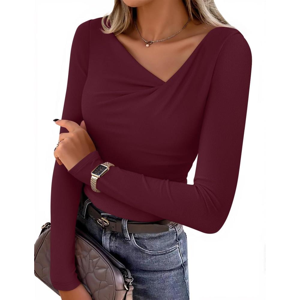 imageZESICA Womens Long Sleeve Asymmetrical Neck Ruched Slim Fit Shirts 2026 Fall Fashion Casual Tee Going Out TopsWine Red