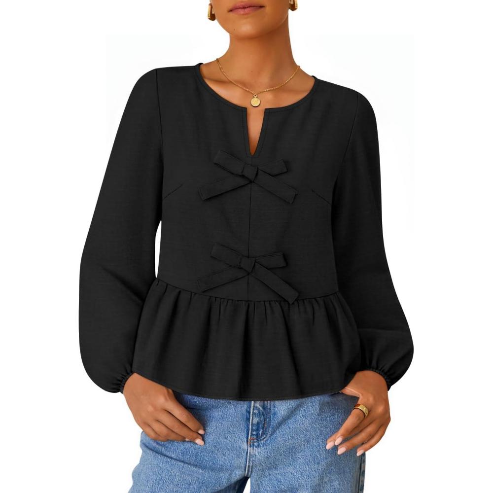 imageZESICA Womens Long Sleeve Babydoll Tops Crewneck Tie Front Casual Loose Ruffle Flowy Peplum Shirts 2026 Fall BlousesBlack
