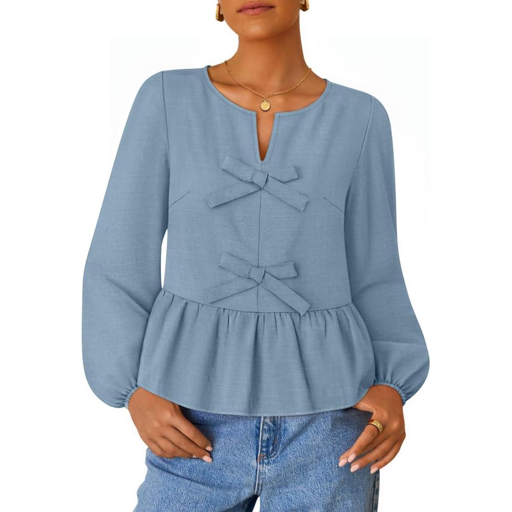 imageZESICA Womens Long Sleeve Babydoll Tops Crewneck Tie Front Casual Loose Ruffle Flowy Peplum Shirts 2026 Fall BlousesDustyblue