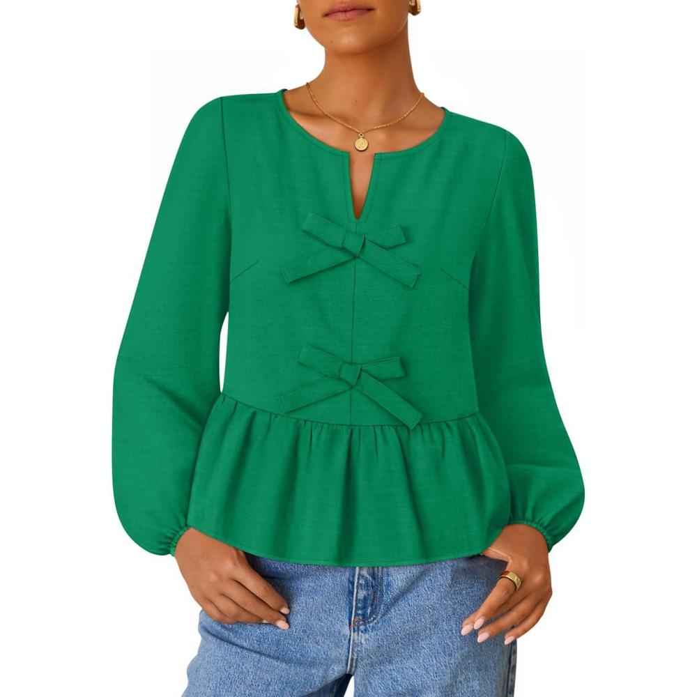 imageZESICA Womens Long Sleeve Babydoll Tops Crewneck Tie Front Casual Loose Ruffle Flowy Peplum Shirts 2026 Fall BlousesGreen