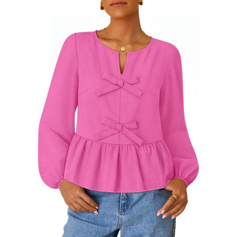 imageZESICA Womens Long Sleeve Babydoll Tops Crewneck Tie Front Casual Loose Ruffle Flowy Peplum Shirts 2026 Fall BlousesHot Pink