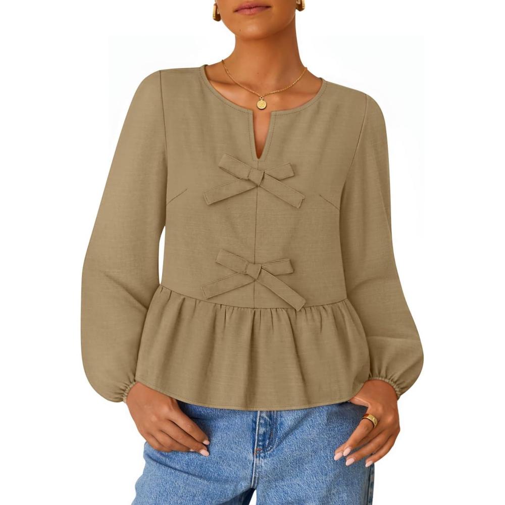 imageZESICA Womens Long Sleeve Babydoll Tops Crewneck Tie Front Casual Loose Ruffle Flowy Peplum Shirts 2026 Fall BlousesKhaki