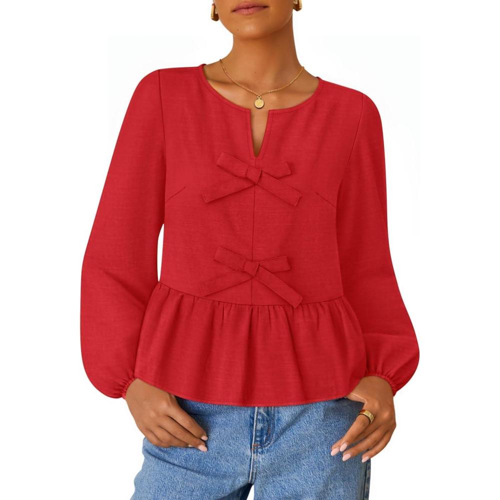 imageZESICA Womens Long Sleeve Babydoll Tops Crewneck Tie Front Casual Loose Ruffle Flowy Peplum Shirts 2026 Fall BlousesRed