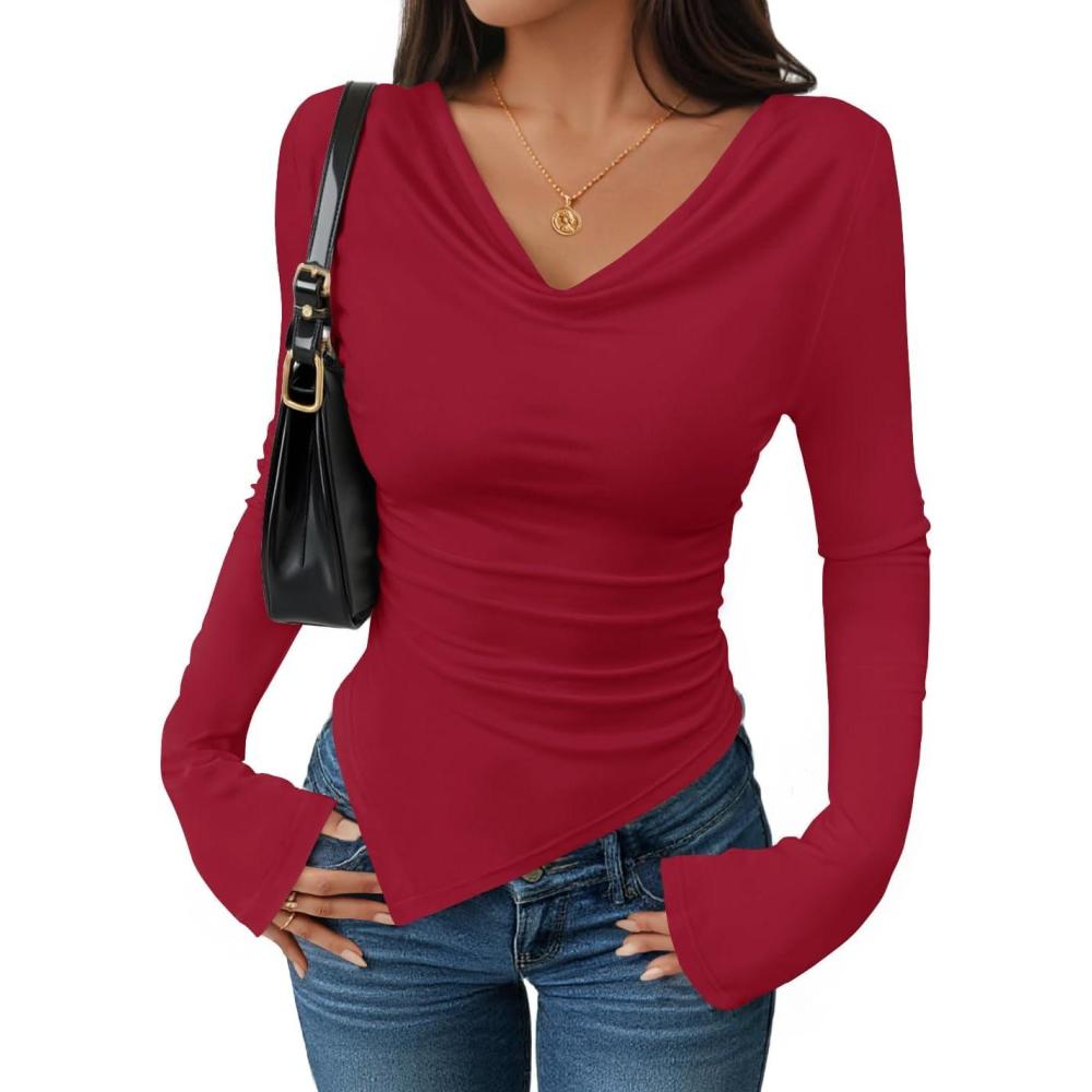 imageZESICA Womens Long Sleeve Cowl Neck Shirts Slim Fit Going Out Y2k Tops Blouses 2026 Spring Outfits Fashion ClothesRed