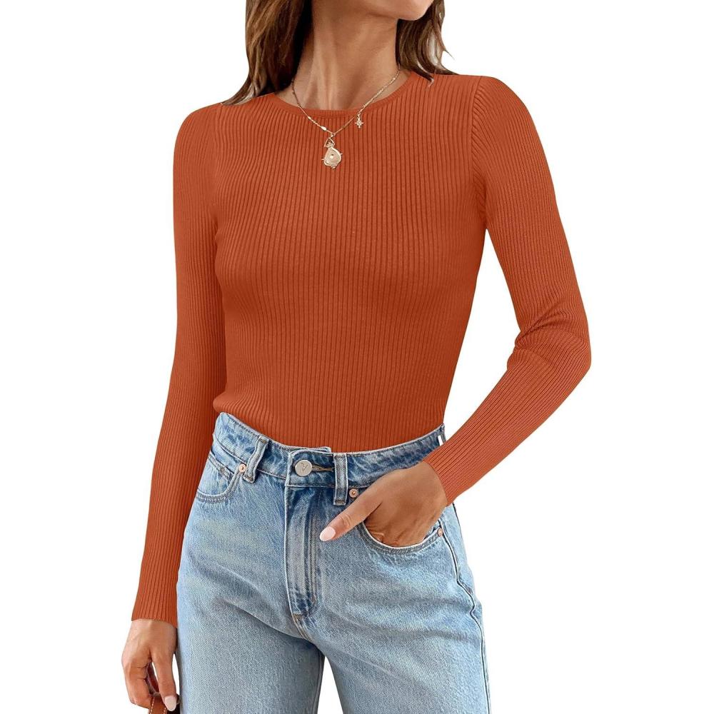 imageZESICA Womens Long Sleeve Crewneck Shirts 2026 Spring Ribbed Knit Sweater Slim Fitted Casual Basic Tee TopsCaramel