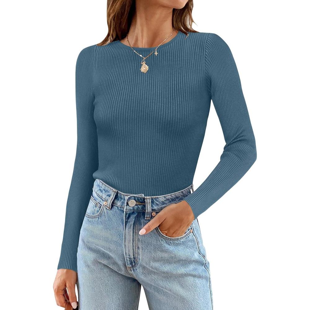 imageZESICA Womens Long Sleeve Crewneck Shirts 2026 Spring Ribbed Knit Sweater Slim Fitted Casual Basic Tee TopsDarkblue