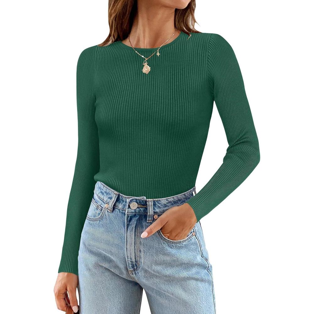 imageZESICA Womens Long Sleeve Crewneck Shirts 2026 Spring Ribbed Knit Sweater Slim Fitted Casual Basic Tee TopsDarkgreen