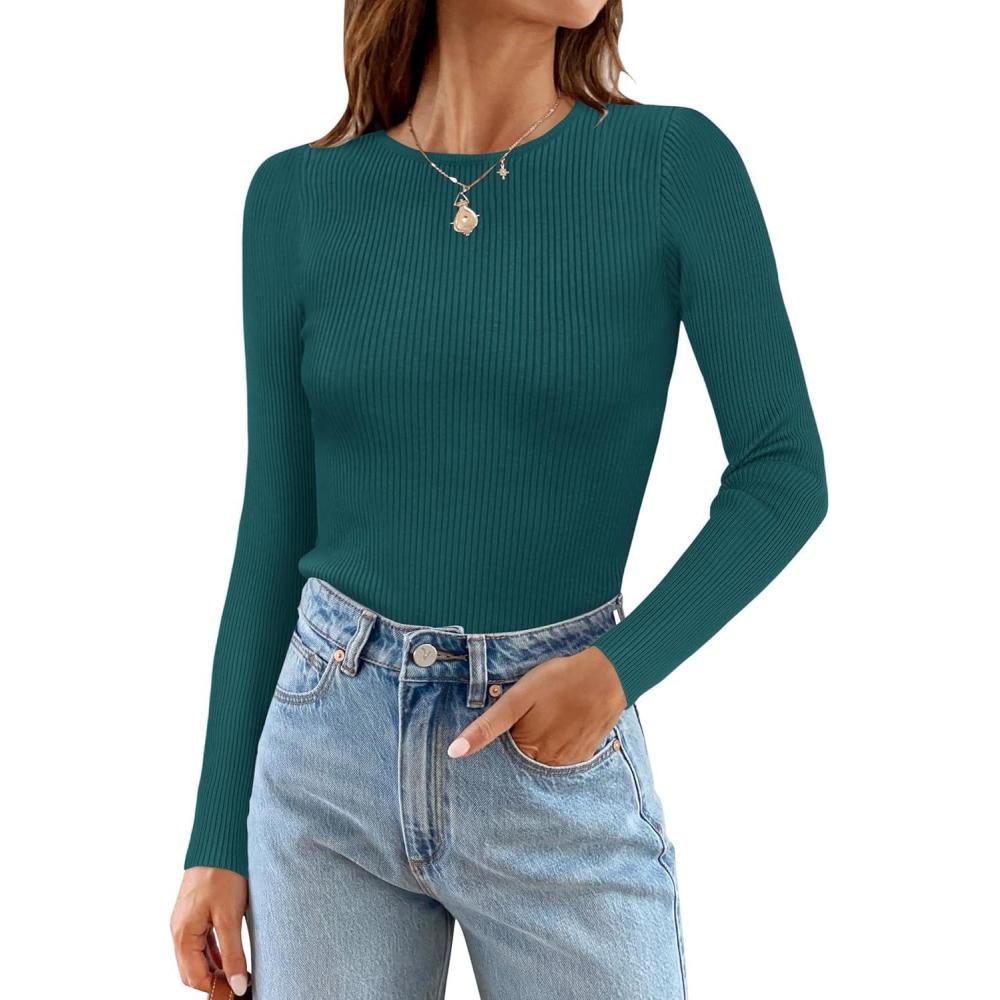 imageZESICA Womens Long Sleeve Crewneck Shirts 2026 Spring Ribbed Knit Sweater Slim Fitted Casual Basic Tee TopsGreen