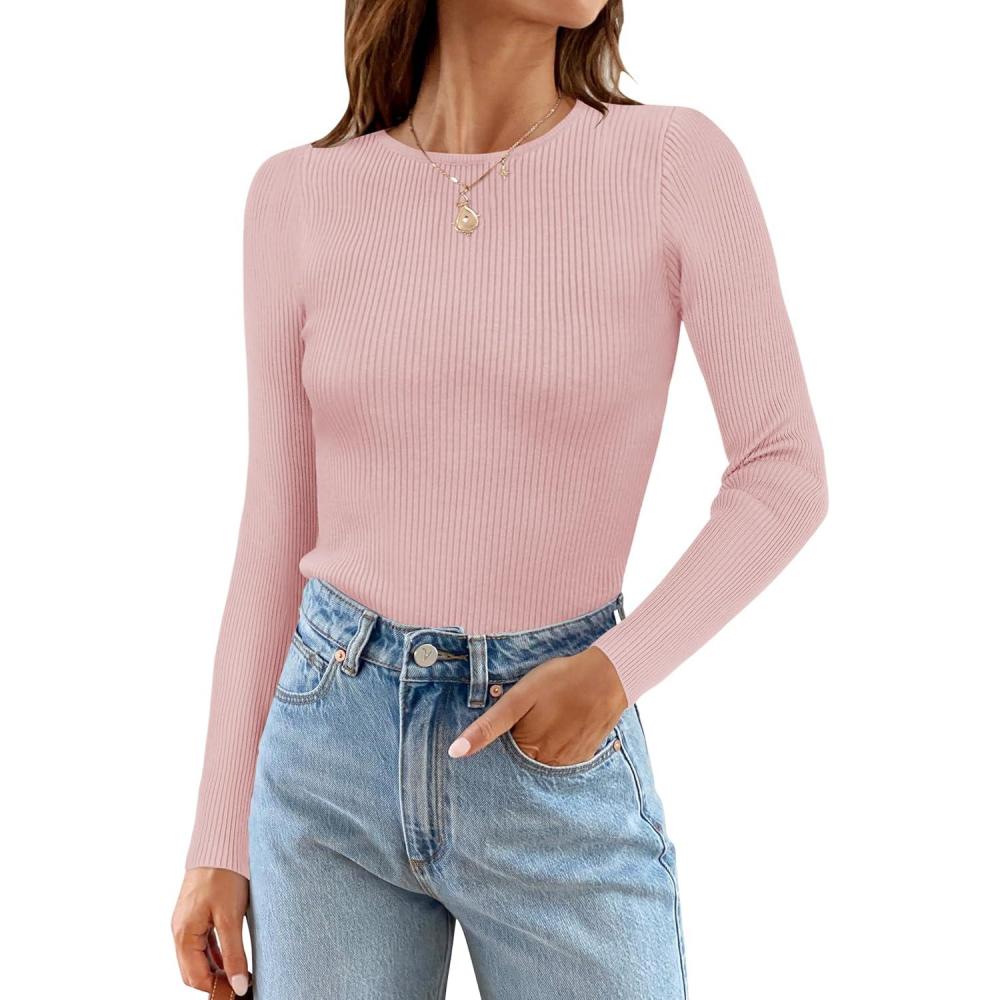 imageZESICA Womens Long Sleeve Crewneck Shirts 2026 Spring Ribbed Knit Sweater Slim Fitted Casual Basic Tee TopsPink