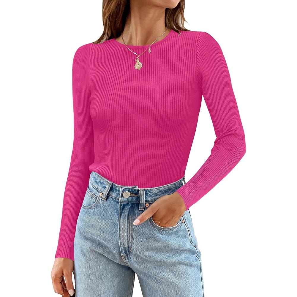 imageZESICA Womens Long Sleeve Crewneck Shirts 2026 Spring Ribbed Knit Sweater Slim Fitted Casual Basic Tee TopsRose