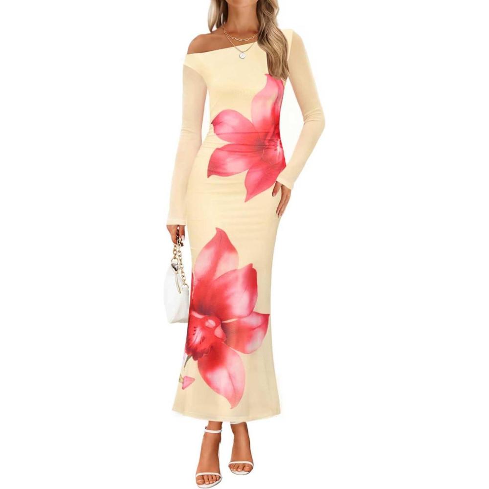 imageZESICA Womens Long Sleeve Floral Maxi Dress 2026 Fall Off Shoulder Bodycon Ruched Mesh Cocktail Wedding Guest DressesApricot