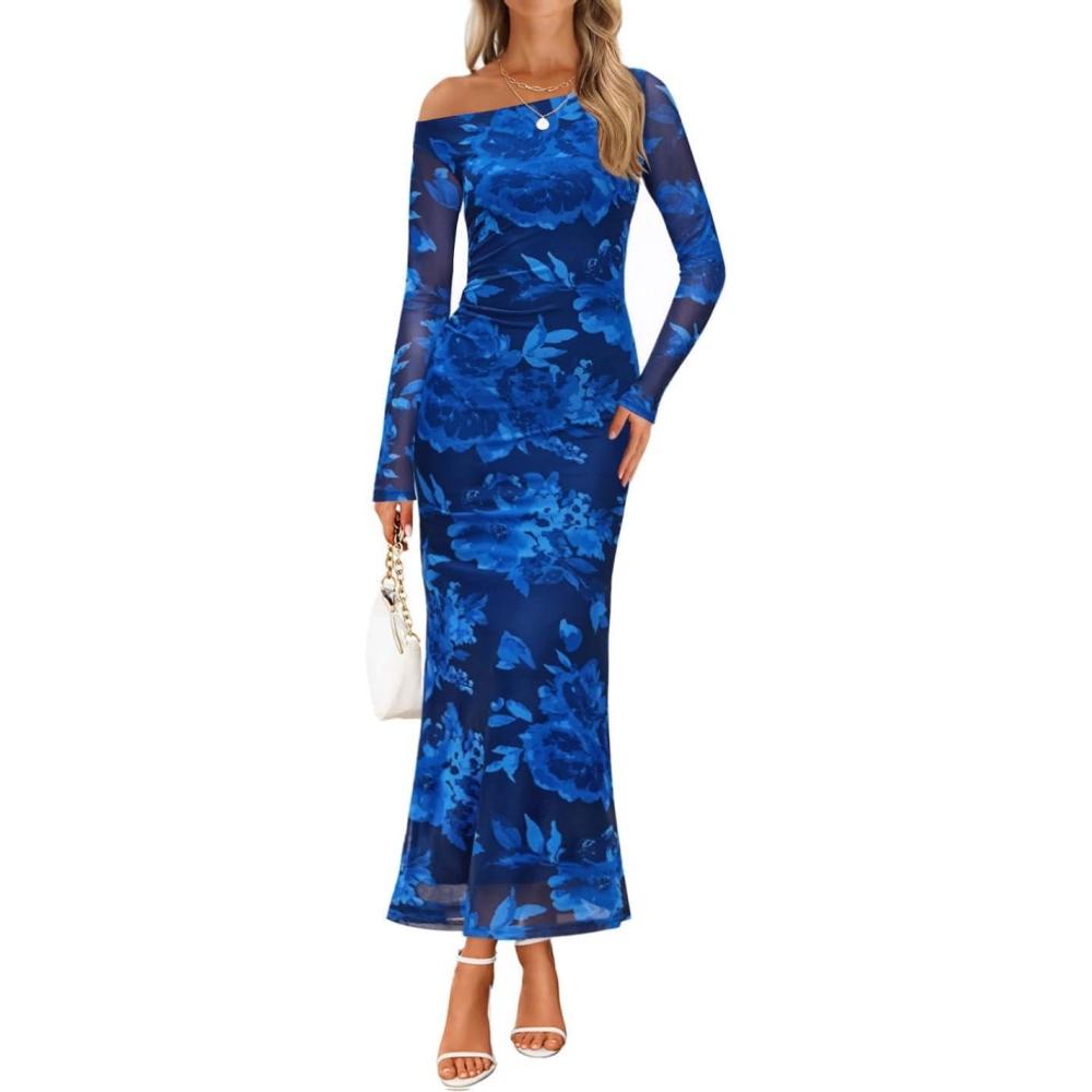 imageZESICA Womens Long Sleeve Floral Maxi Dress 2026 Fall Off Shoulder Bodycon Ruched Mesh Cocktail Wedding Guest DressesBlue