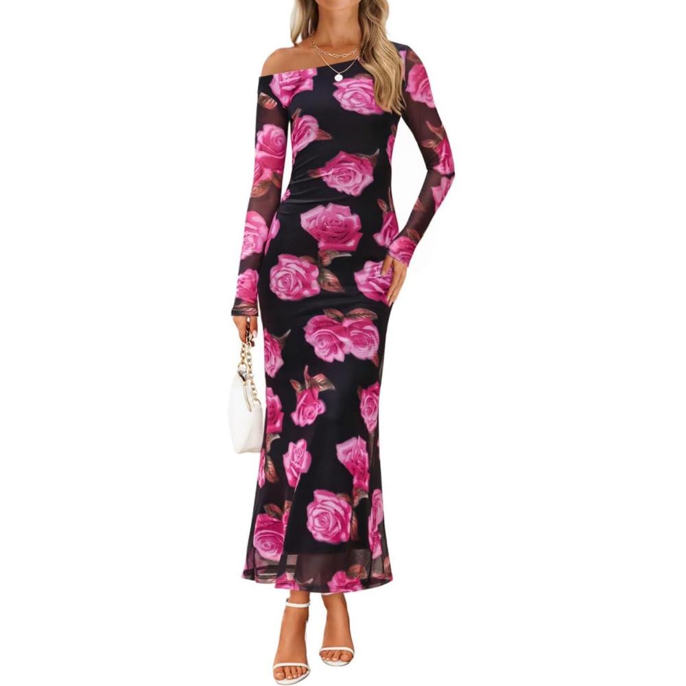 imageZESICA Womens Long Sleeve Floral Maxi Dress 2026 Fall Off Shoulder Bodycon Ruched Mesh Cocktail Wedding Guest DressesPurple