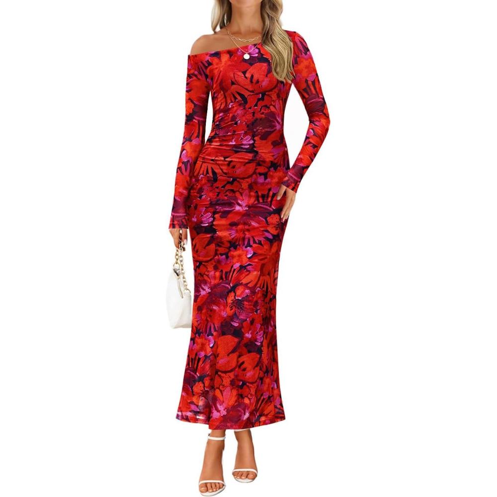 imageZESICA Womens Long Sleeve Floral Maxi Dress 2026 Fall Off Shoulder Bodycon Ruched Mesh Cocktail Wedding Guest DressesRed