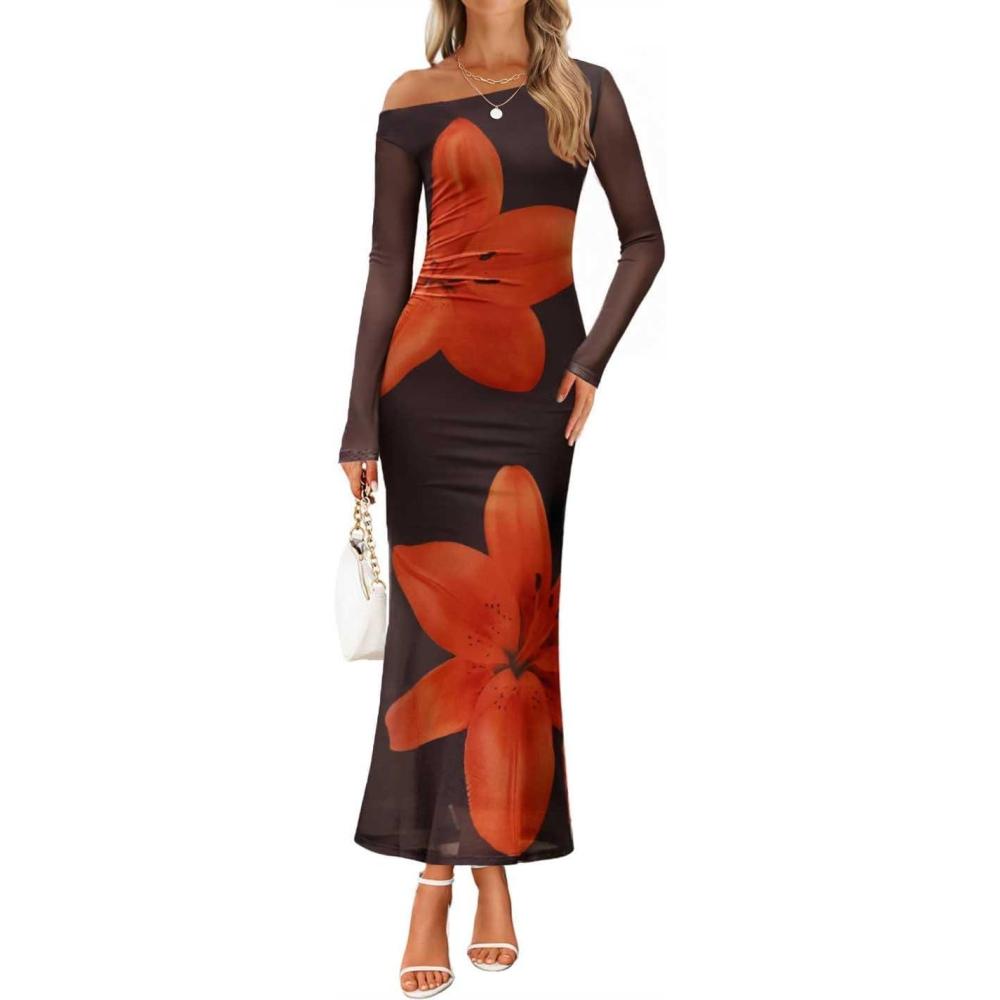 imageZESICA Womens Long Sleeve Floral Maxi Dress 2026 Fall Off Shoulder Bodycon Ruched Mesh Cocktail Wedding Guest DressesTangerine