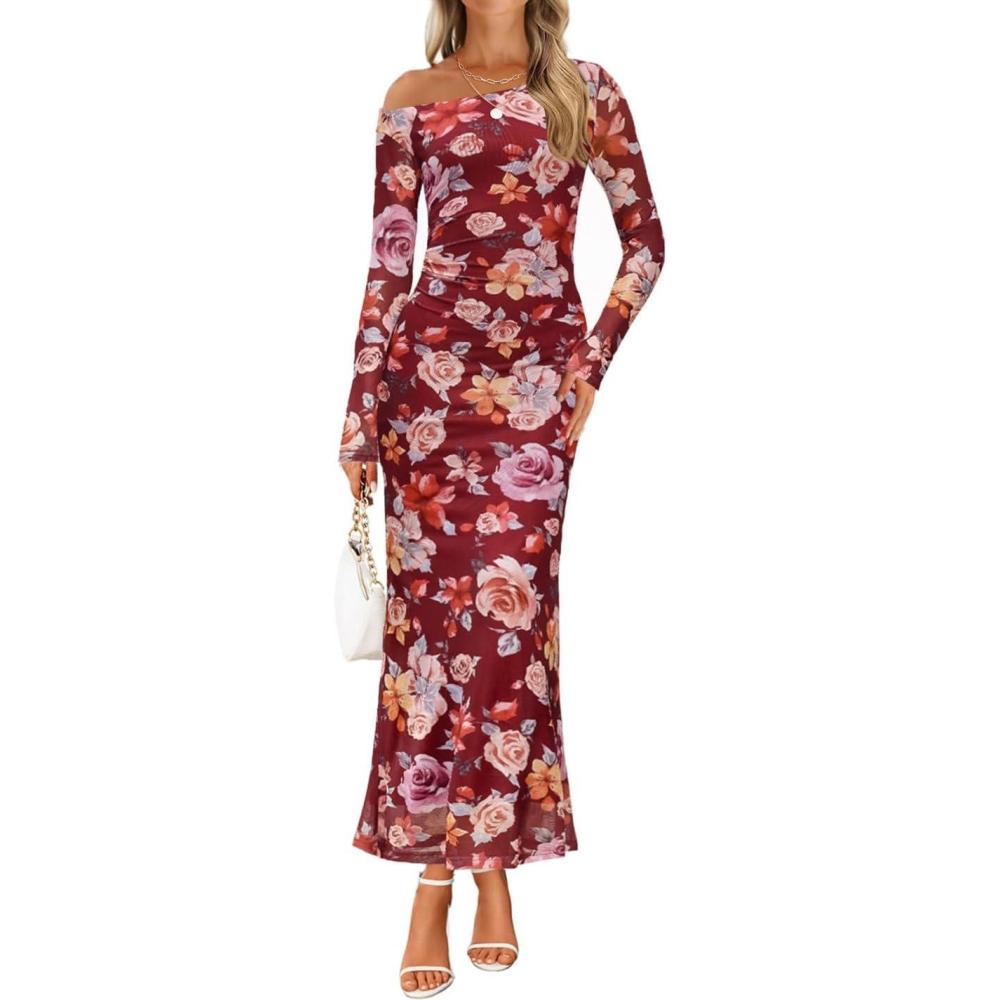 imageZESICA Womens Long Sleeve Floral Maxi Dress 2026 Fall Off Shoulder Bodycon Ruched Mesh Cocktail Wedding Guest DressesWine