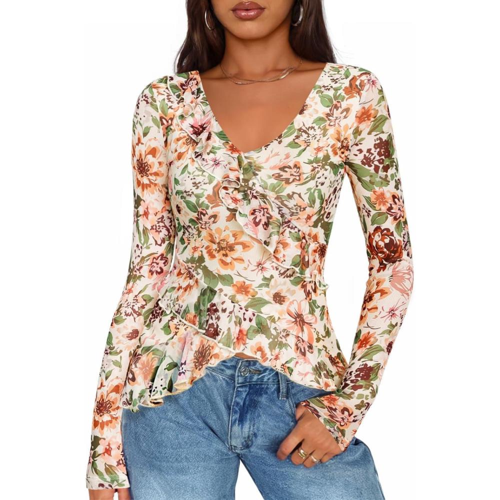 imageZESICA Womens Long Sleeve Floral Shirts V Neck Going Out Ruffle Tops Blouses 2026 Fall Fashion Clothes OutfitsApricot