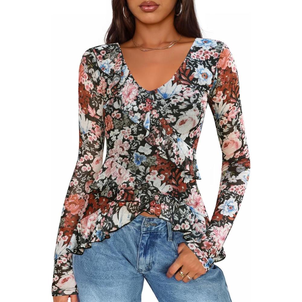 imageZESICA Womens Long Sleeve Floral Shirts V Neck Going Out Ruffle Tops Blouses 2026 Fall Fashion Clothes OutfitsBlack