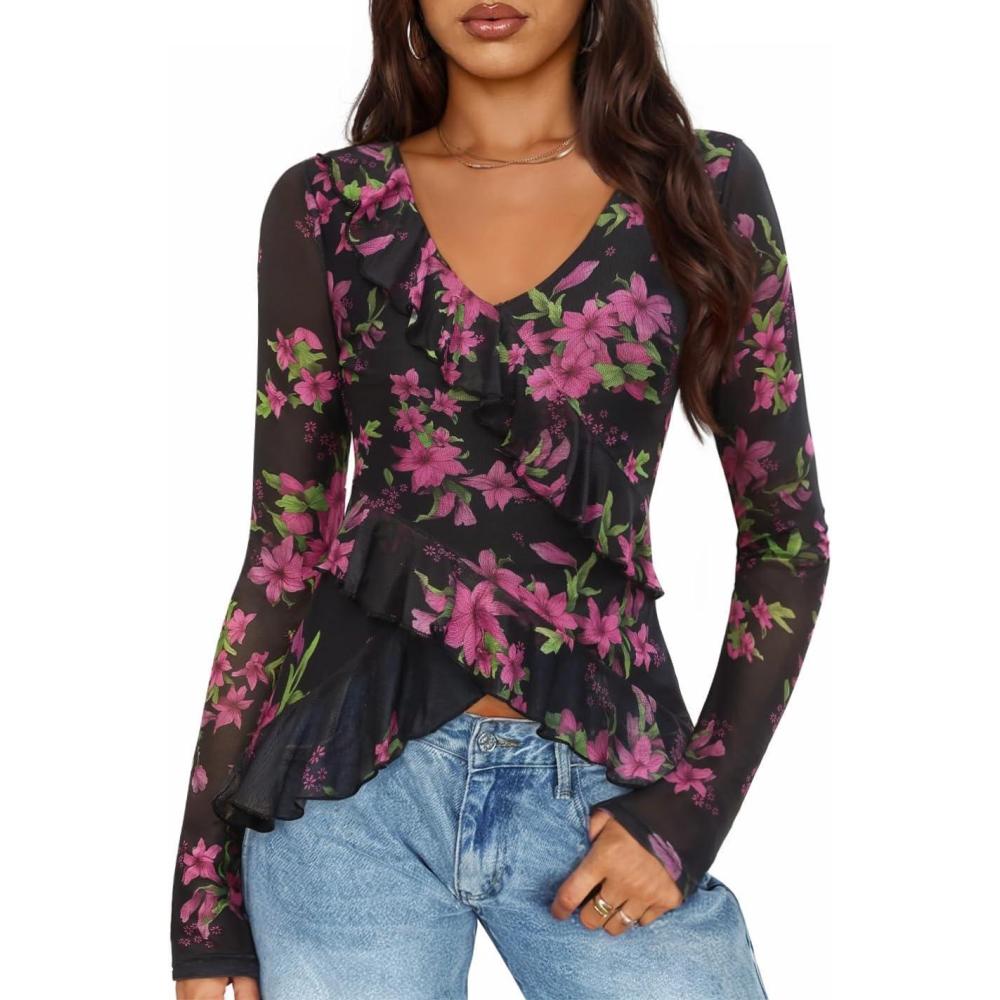imageZESICA Womens Long Sleeve Floral Shirts V Neck Going Out Ruffle Tops Blouses 2026 Fall Fashion Clothes OutfitsBlackrose
