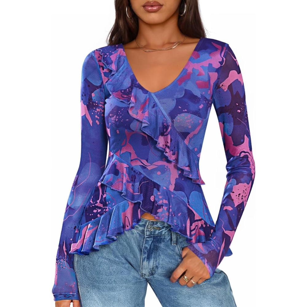imageZESICA Womens Long Sleeve Floral Shirts V Neck Going Out Ruffle Tops Blouses 2026 Fall Fashion Clothes OutfitsBlue