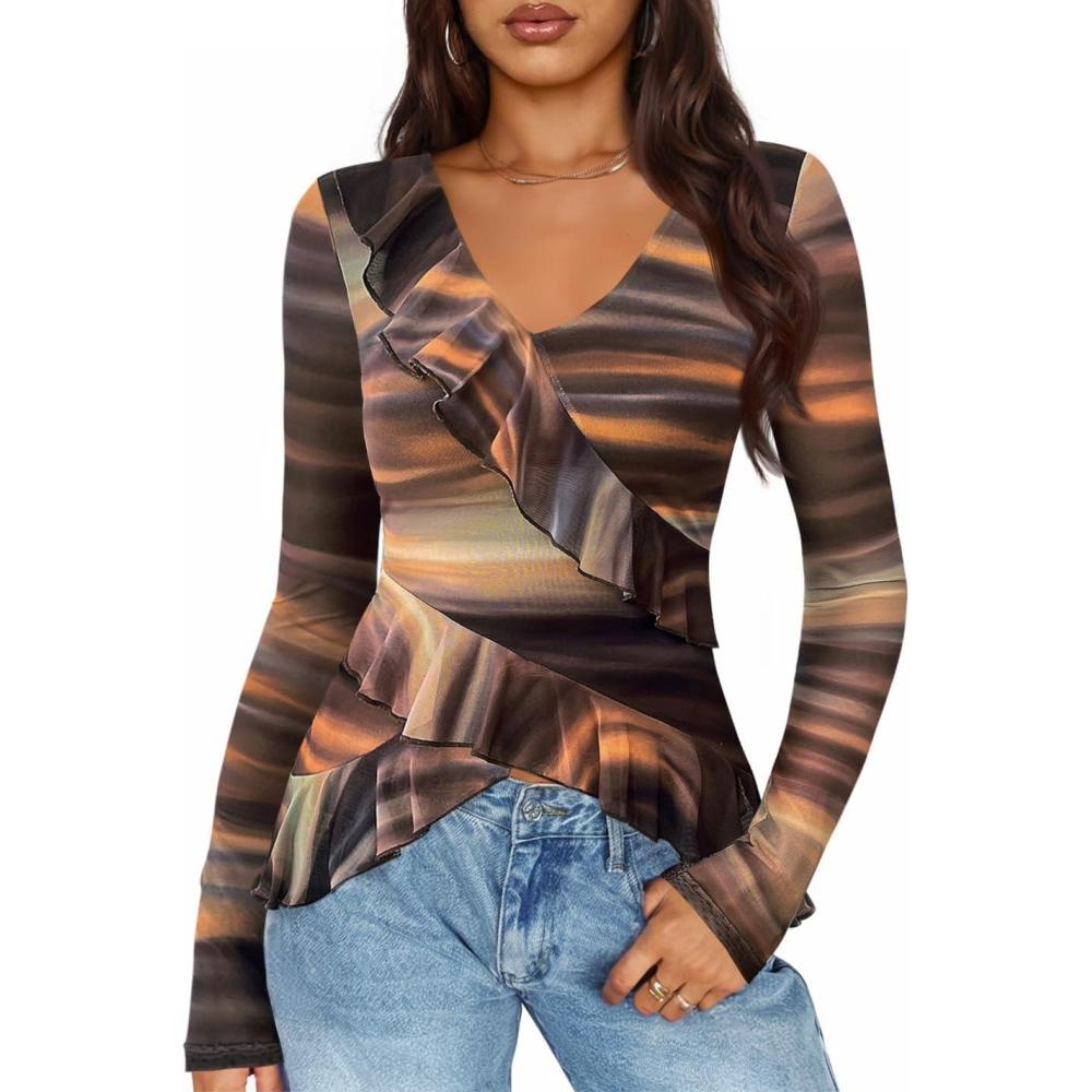 imageZESICA Womens Long Sleeve Floral Shirts V Neck Going Out Ruffle Tops Blouses 2026 Fall Fashion Clothes OutfitsBrown