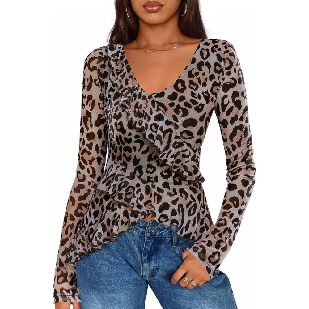 imageZESICA Womens Long Sleeve Floral Shirts V Neck Going Out Ruffle Tops Blouses 2026 Fall Fashion Clothes OutfitsBrownleopard