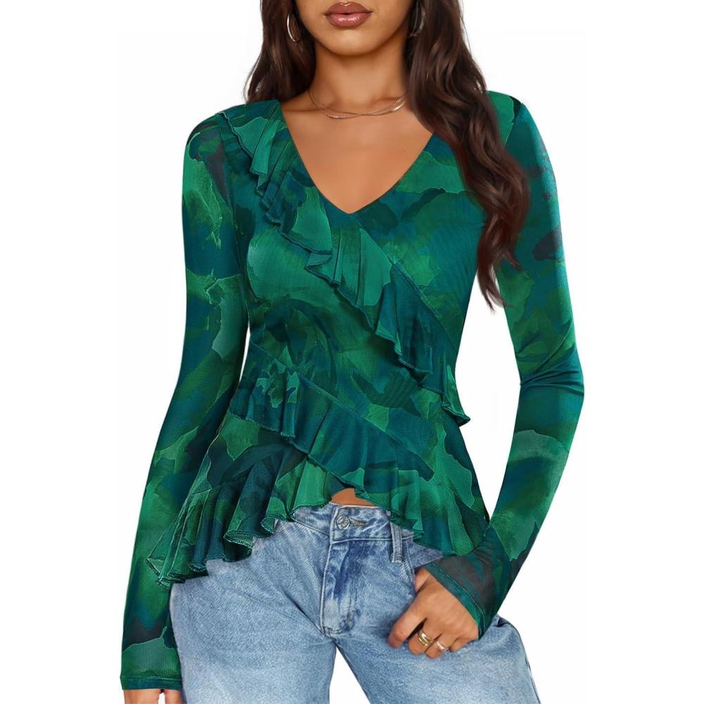 imageZESICA Womens Long Sleeve Floral Shirts V Neck Going Out Ruffle Tops Blouses 2026 Fall Fashion Clothes OutfitsGreen