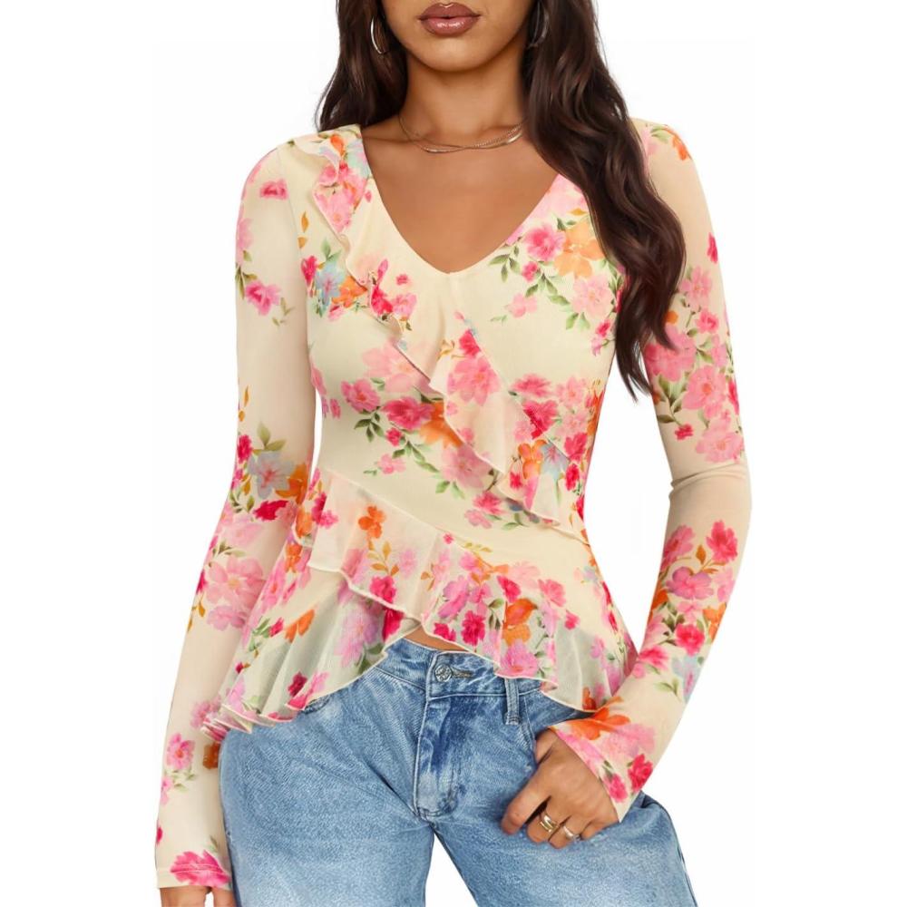 imageZESICA Womens Long Sleeve Floral Shirts V Neck Going Out Ruffle Tops Blouses 2026 Fall Fashion Clothes OutfitsLightyellow
