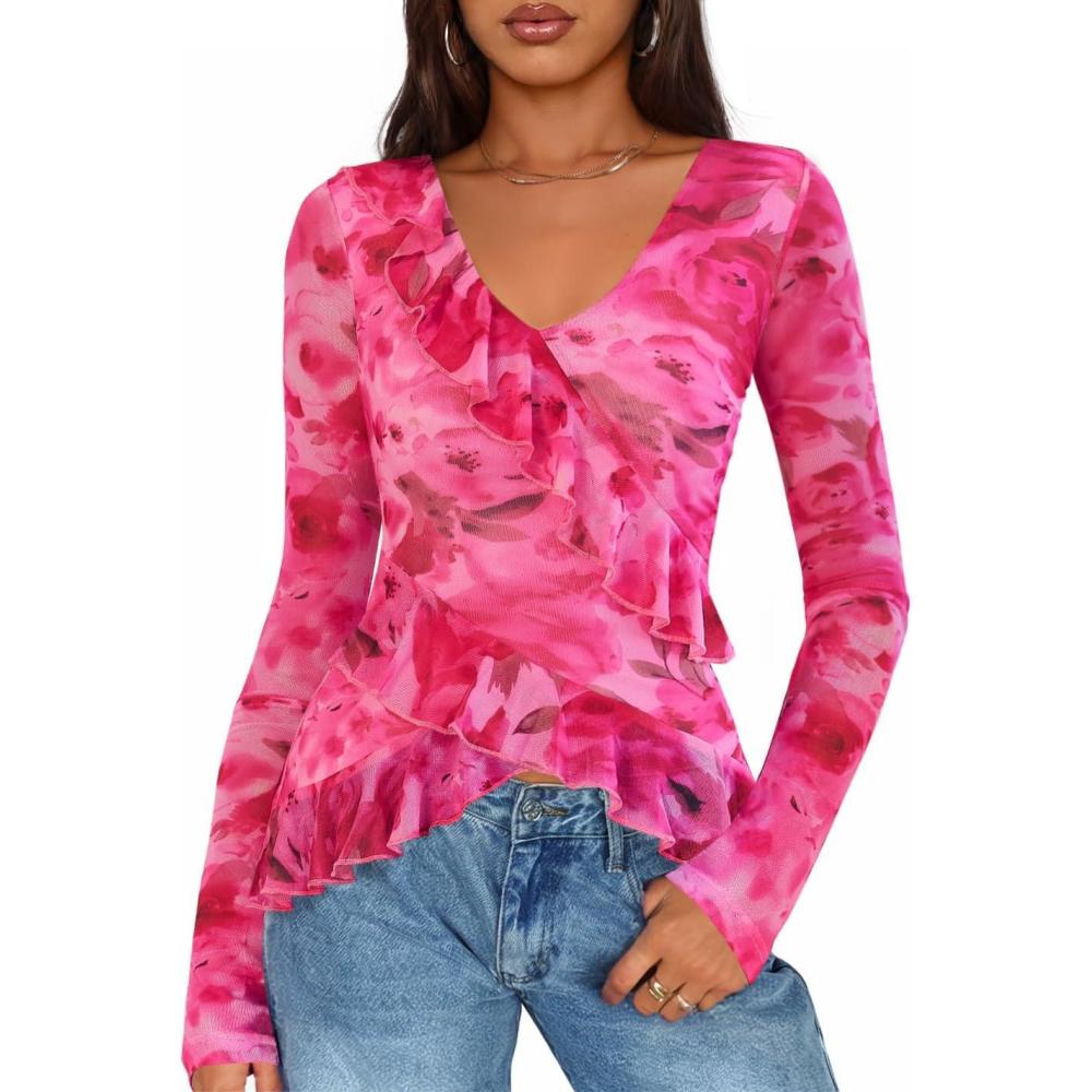 imageZESICA Womens Long Sleeve Floral Shirts V Neck Going Out Ruffle Tops Blouses 2026 Fall Fashion Clothes OutfitsPink