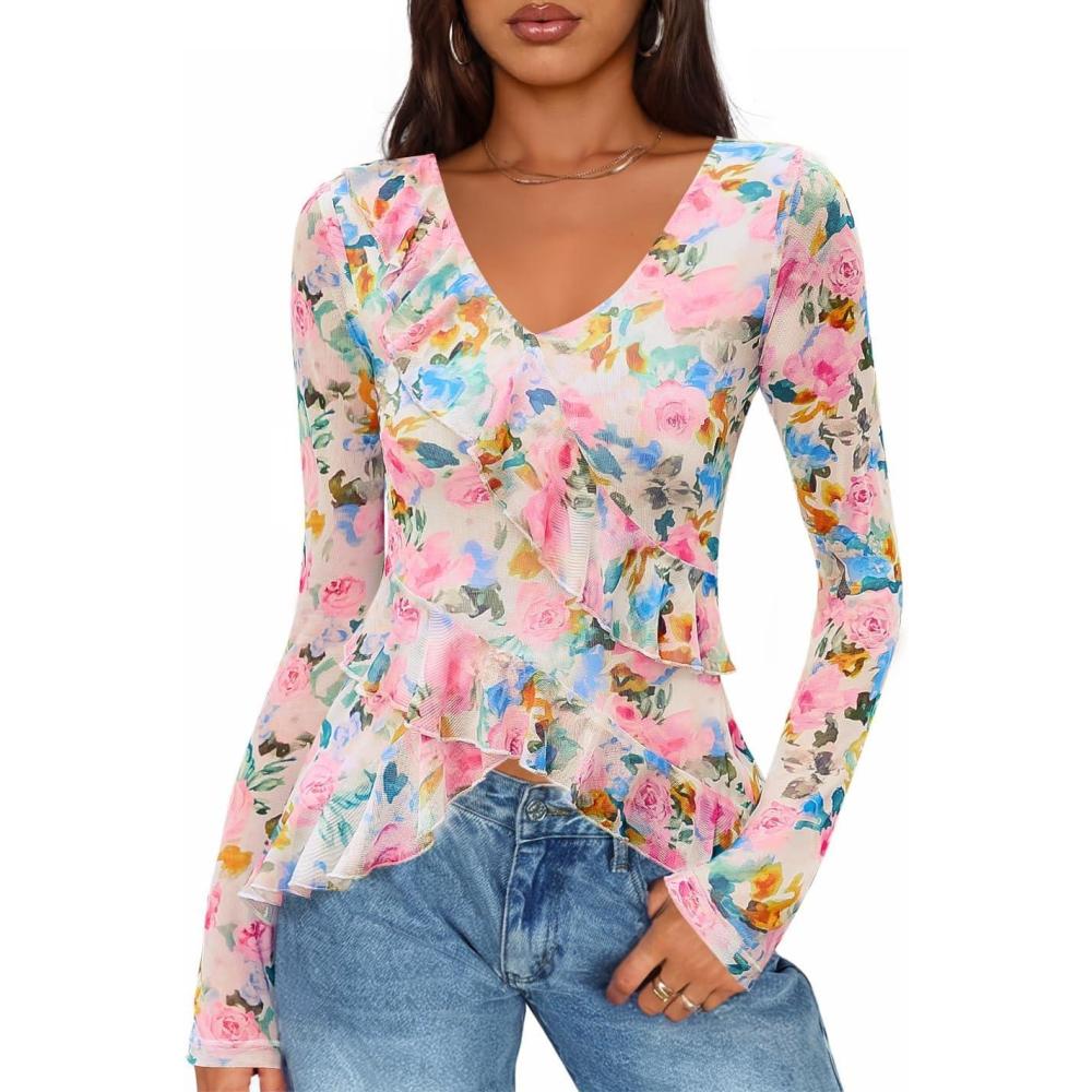 imageZESICA Womens Long Sleeve Floral Shirts V Neck Going Out Ruffle Tops Blouses 2026 Fall Fashion Clothes OutfitsPinkgreen
