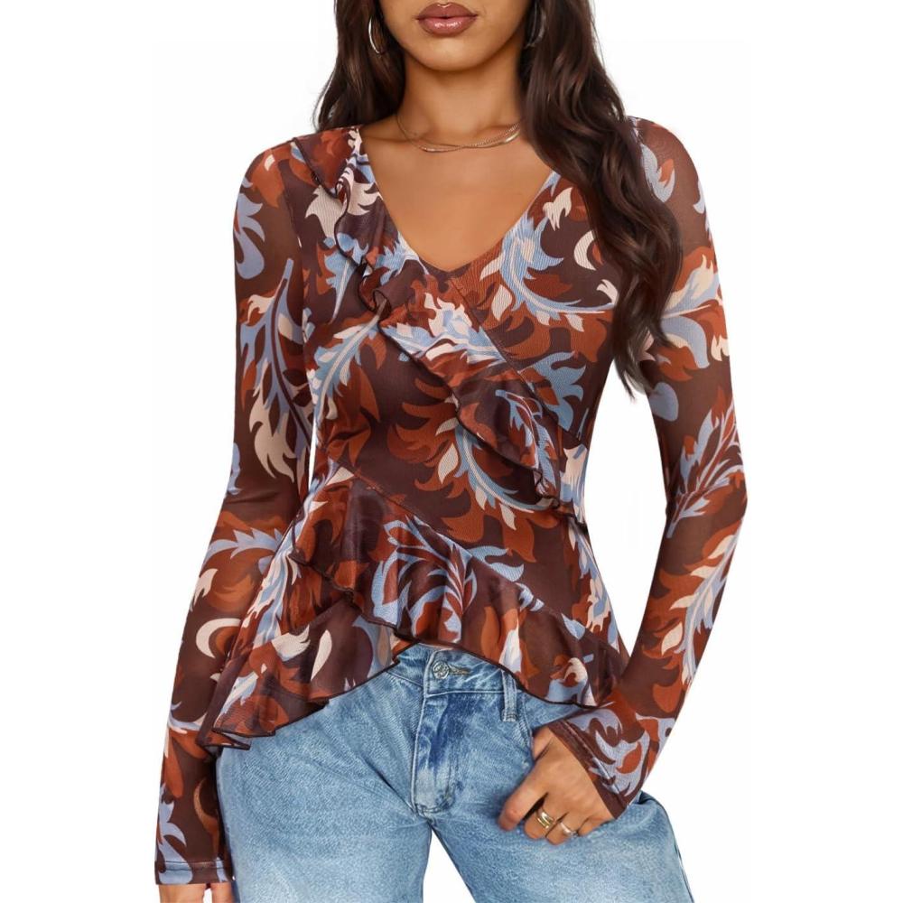 imageZESICA Womens Long Sleeve Floral Shirts V Neck Going Out Ruffle Tops Blouses 2026 Fall Fashion Clothes OutfitsWine
