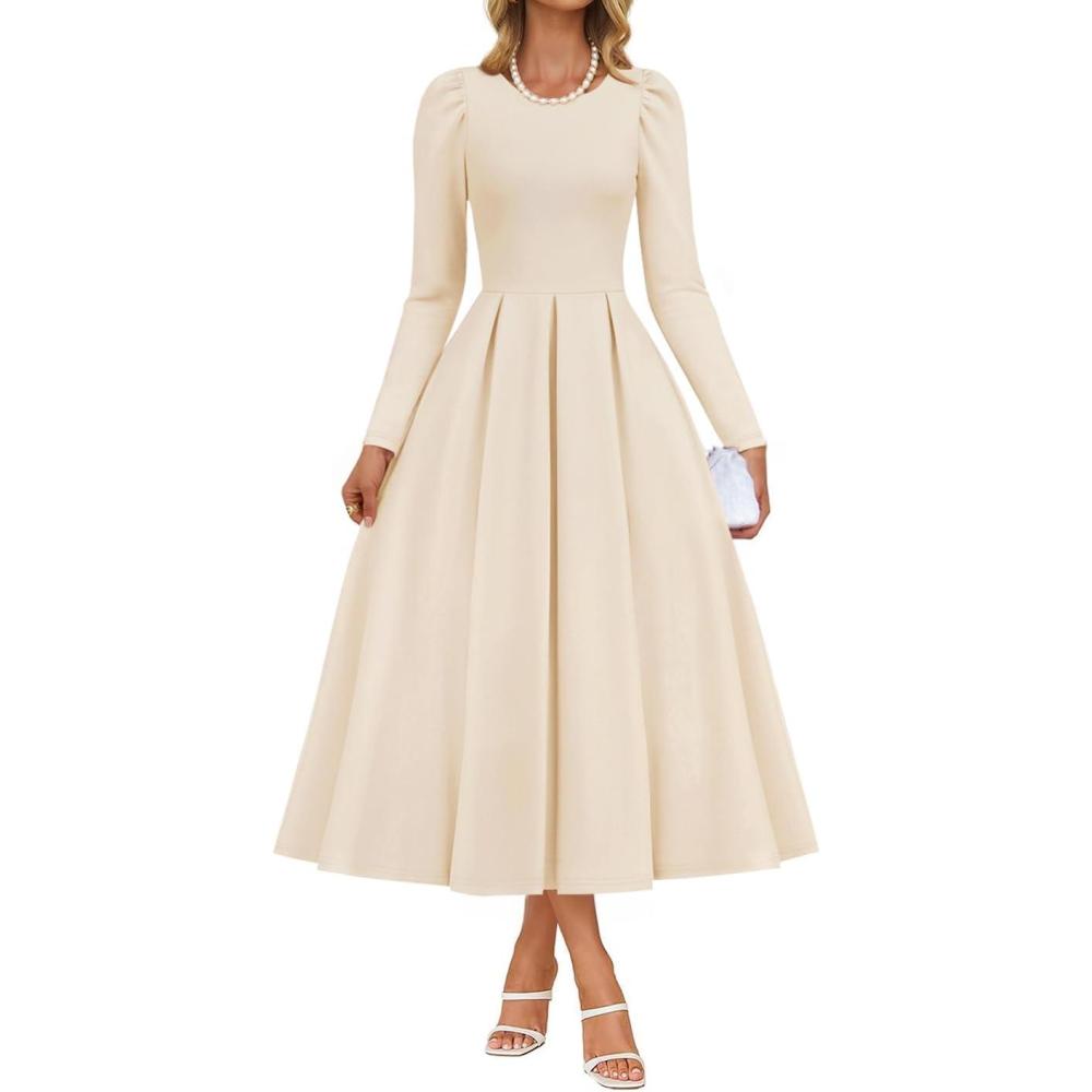 imageZESICA Womens Long Sleeve Midi Dresses 2026 Spring Elegant Crewneck Swing A Line Wedding Guest Party Dress with PocketsApricot