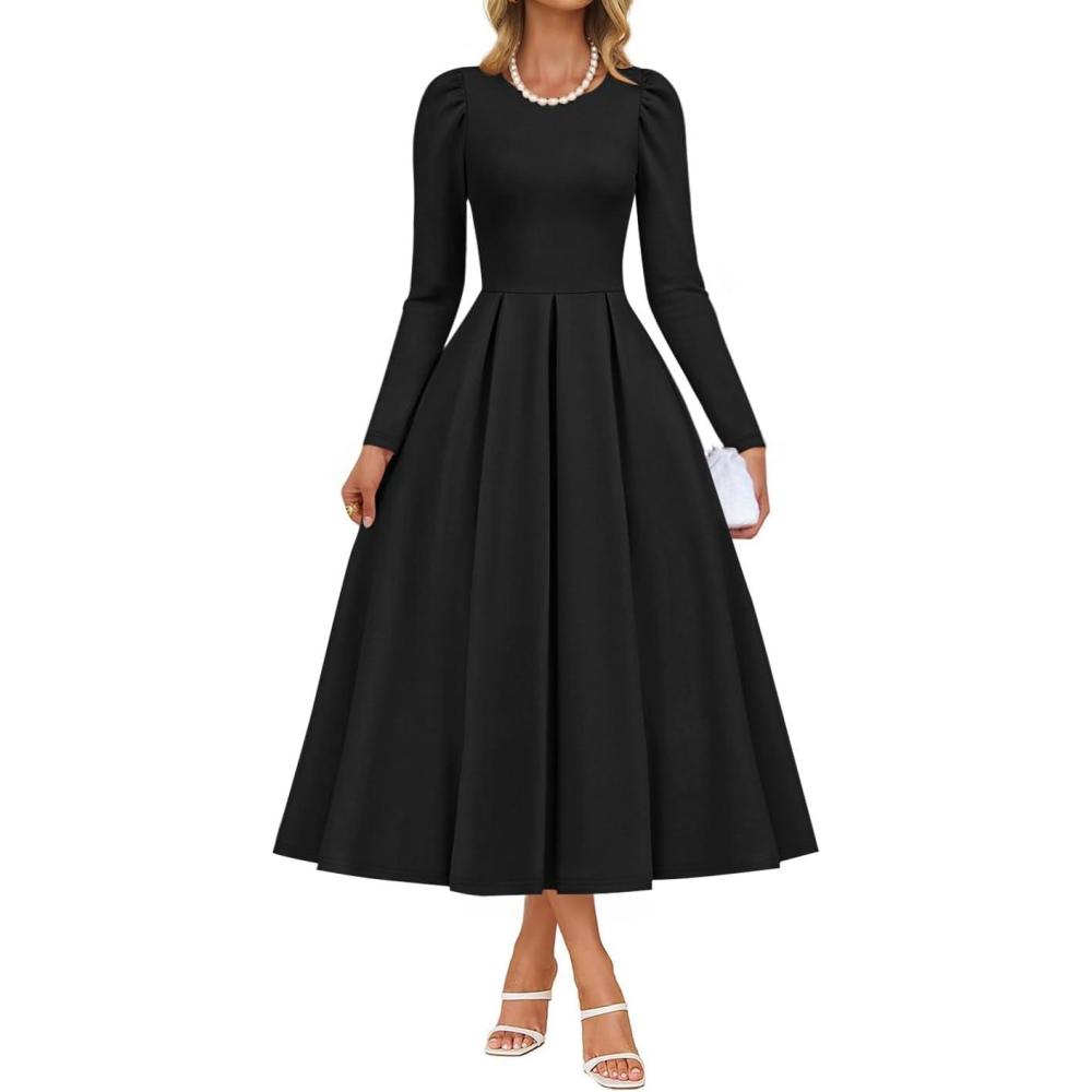 imageZESICA Womens Long Sleeve Midi Dresses 2026 Spring Elegant Crewneck Swing A Line Wedding Guest Party Dress with PocketsBlack