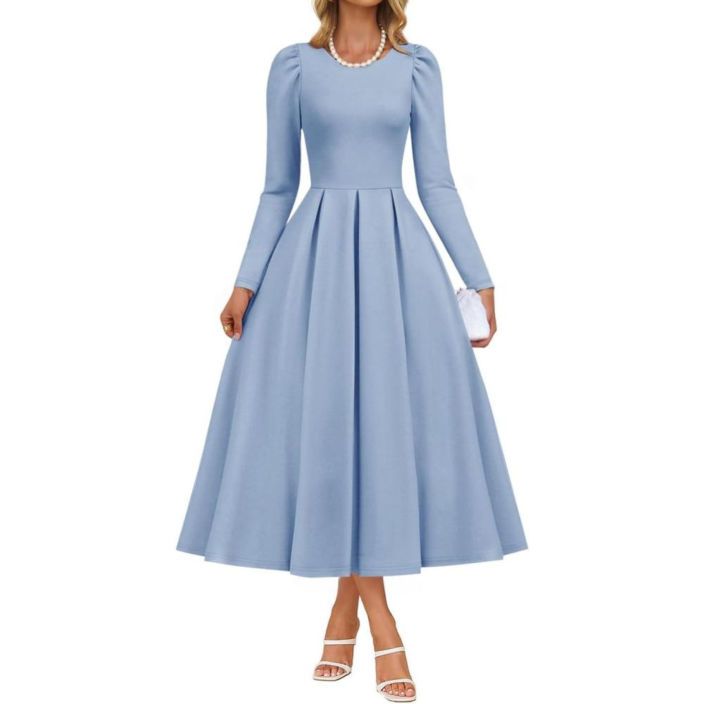 imageZESICA Womens Long Sleeve Midi Dresses 2026 Spring Elegant Crewneck Swing A Line Wedding Guest Party Dress with PocketsBlue