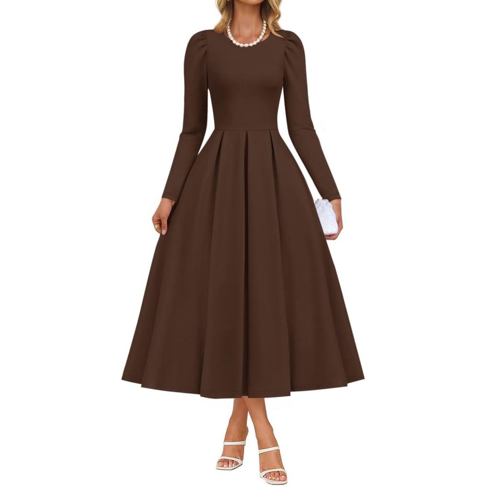 imageZESICA Womens Long Sleeve Midi Dresses 2026 Spring Elegant Crewneck Swing A Line Wedding Guest Party Dress with PocketsBrown
