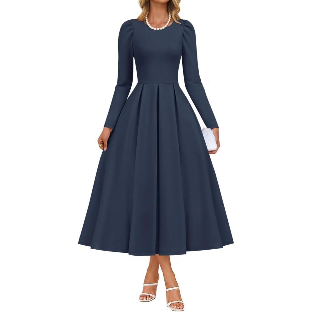 imageZESICA Womens Long Sleeve Midi Dresses 2026 Spring Elegant Crewneck Swing A Line Wedding Guest Party Dress with PocketsNavy