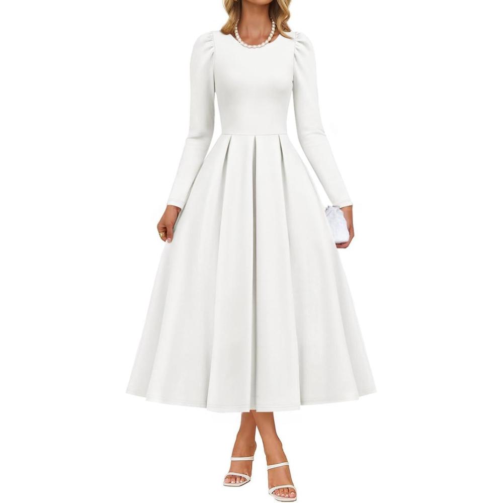imageZESICA Womens Long Sleeve Midi Dresses 2026 Spring Elegant Crewneck Swing A Line Wedding Guest Party Dress with PocketsWhite