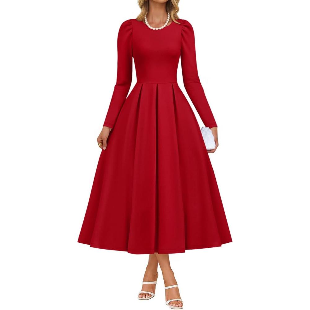 imageZESICA Womens Long Sleeve Midi Dresses 2026 Spring Elegant Crewneck Swing A Line Wedding Guest Party Dress with PocketsWine