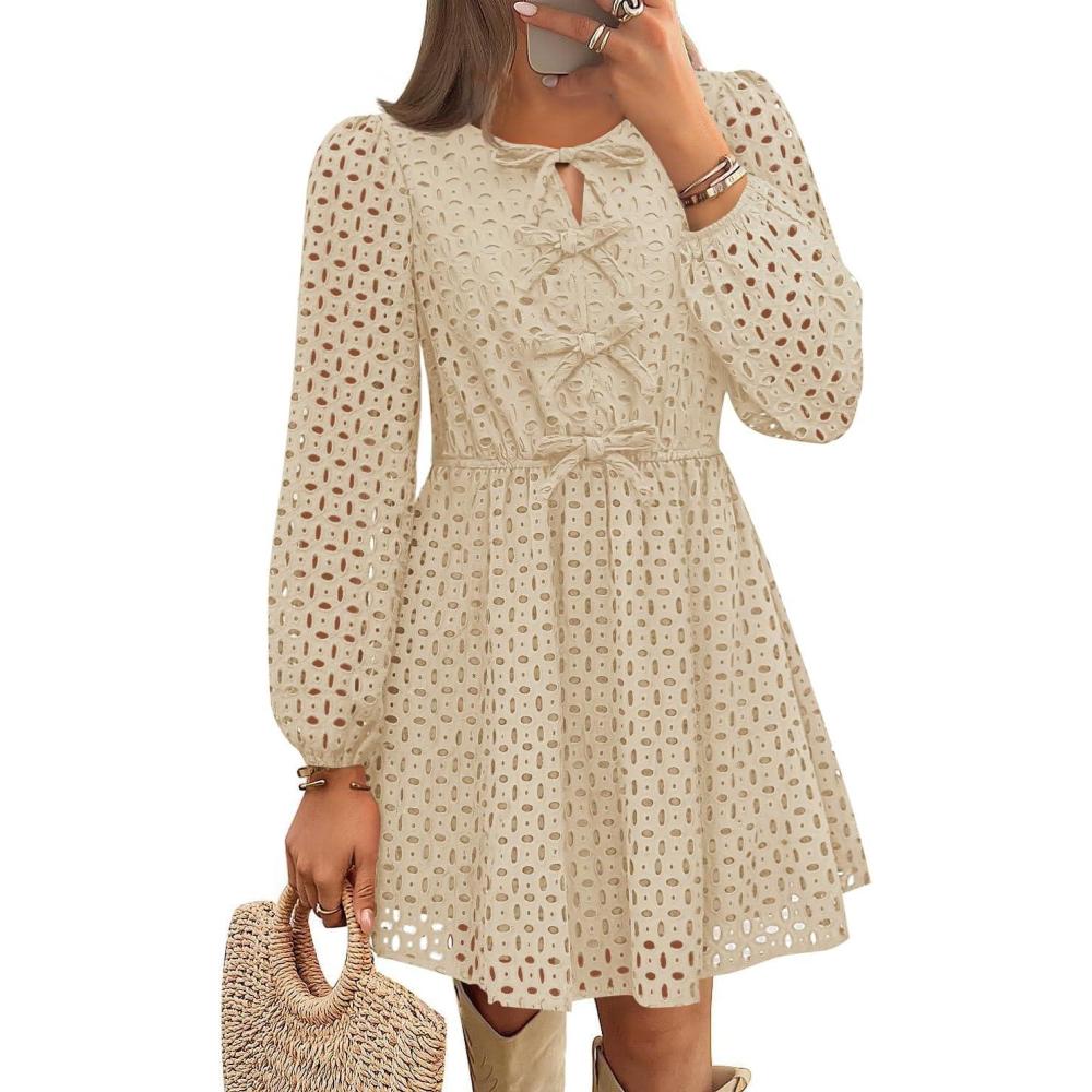 imageZESICA Womens Long Sleeve Mini Dress 2026 Fall Crewneck Tie Front Hollow Out Eyelet Babydoll A Line Short DressesApricot