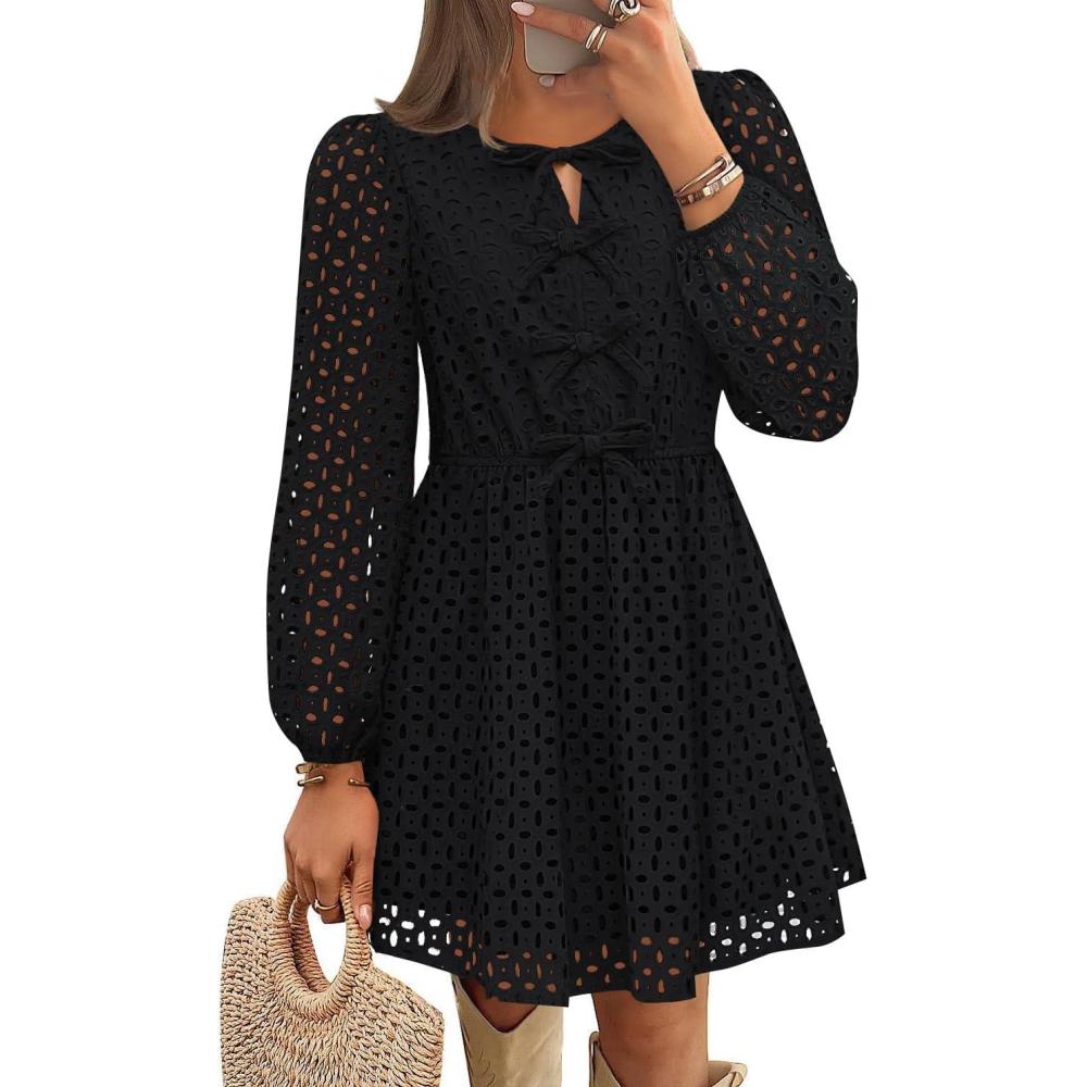 imageZESICA Womens Long Sleeve Mini Dress 2026 Fall Crewneck Tie Front Hollow Out Eyelet Babydoll A Line Short DressesBlack