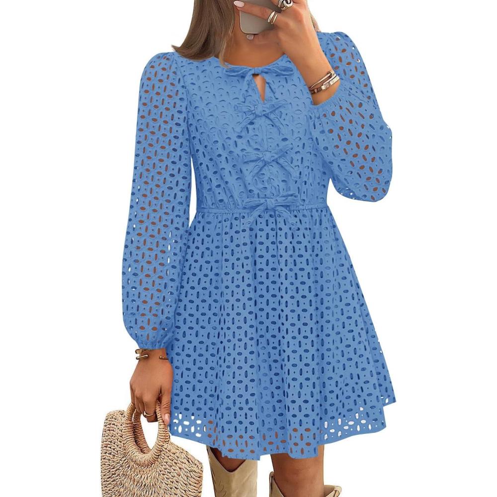 imageZESICA Womens Long Sleeve Mini Dress 2026 Fall Crewneck Tie Front Hollow Out Eyelet Babydoll A Line Short DressesBlue