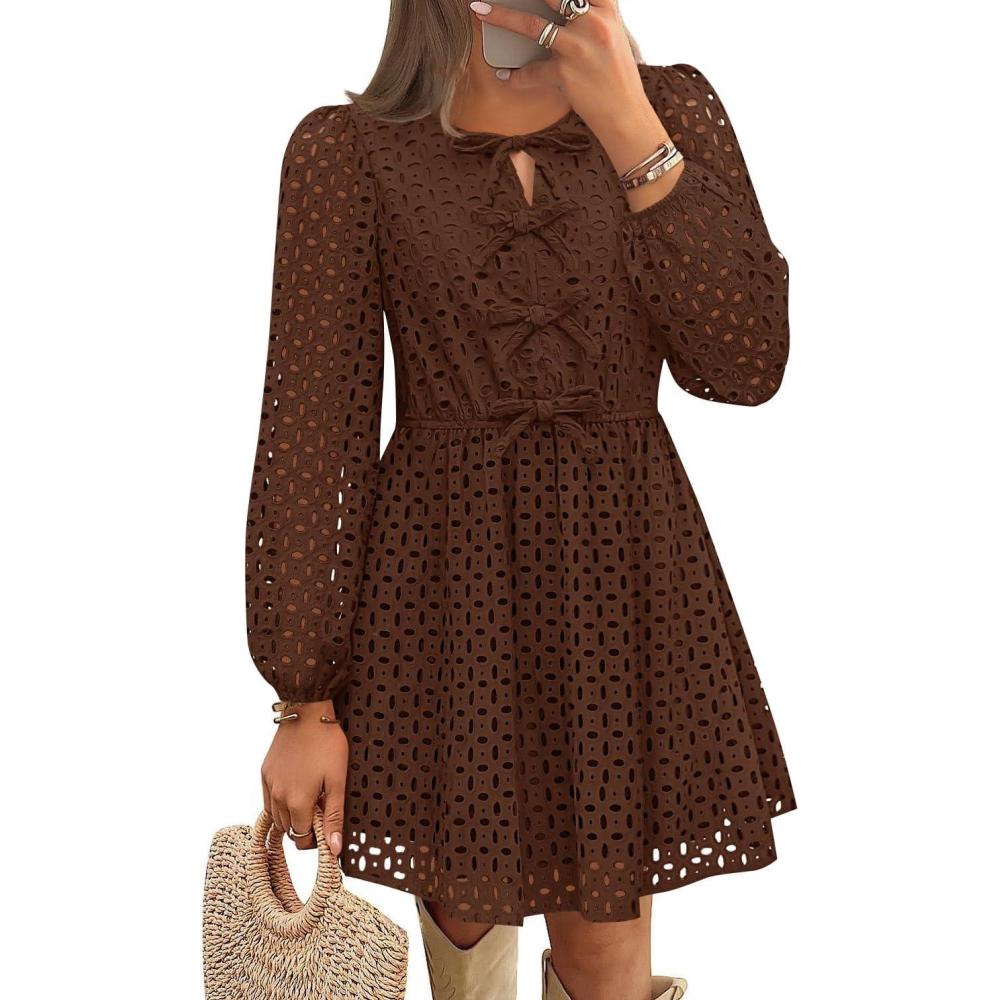 imageZESICA Womens Long Sleeve Mini Dress 2026 Fall Crewneck Tie Front Hollow Out Eyelet Babydoll A Line Short DressesBrown