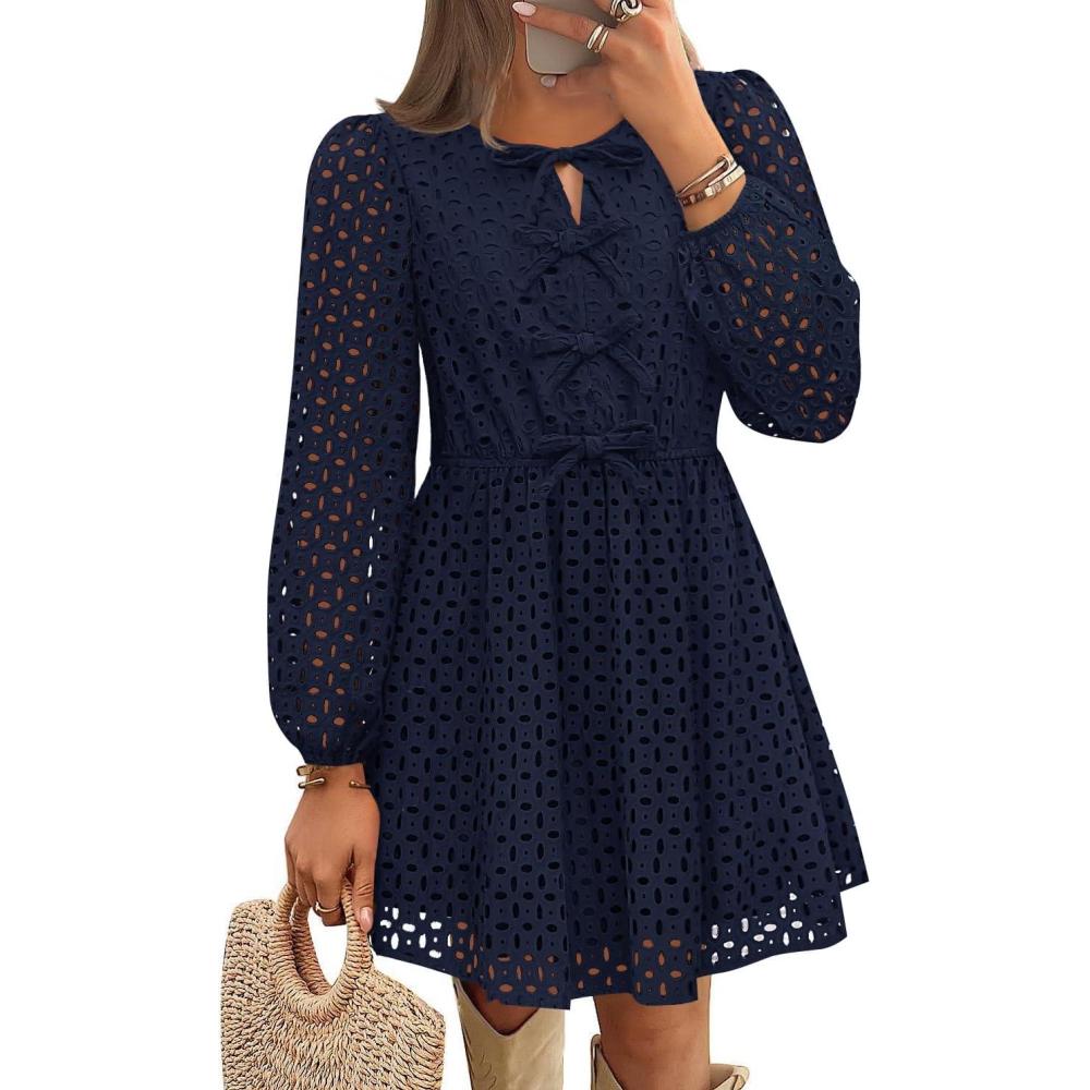 imageZESICA Womens Long Sleeve Mini Dress 2026 Fall Crewneck Tie Front Hollow Out Eyelet Babydoll A Line Short DressesNavy