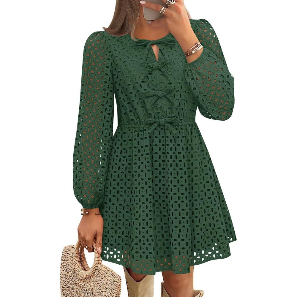 imageZESICA Womens Long Sleeve Mini Dress 2026 Fall Crewneck Tie Front Hollow Out Eyelet Babydoll A Line Short DressesOlive