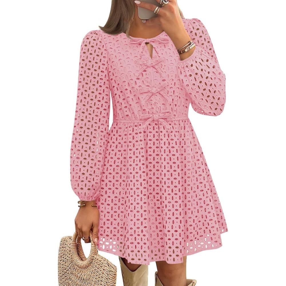 imageZESICA Womens Long Sleeve Mini Dress 2026 Fall Crewneck Tie Front Hollow Out Eyelet Babydoll A Line Short DressesPink
