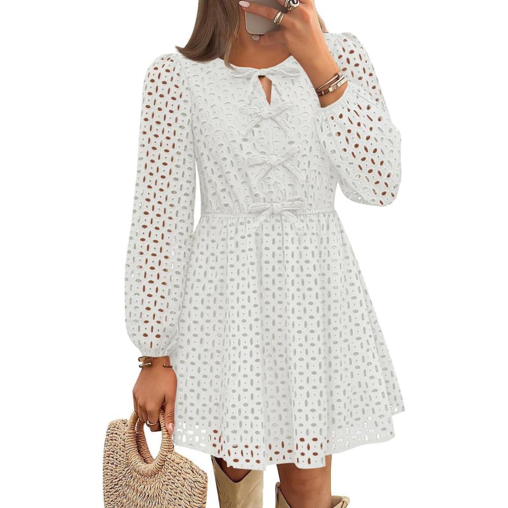imageZESICA Womens Long Sleeve Mini Dress 2026 Fall Crewneck Tie Front Hollow Out Eyelet Babydoll A Line Short DressesWhite