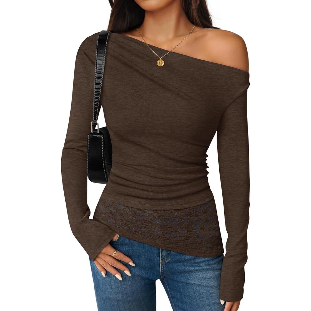 imageZESICA Womens Long Sleeve Off Shoulder Tops Fall 2026 Casual Boat Neck Lace Slim Fit Going Out Y2k Shirts BlousesCoffee